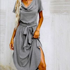 Cut Out Back Draped Belted Dress Gray